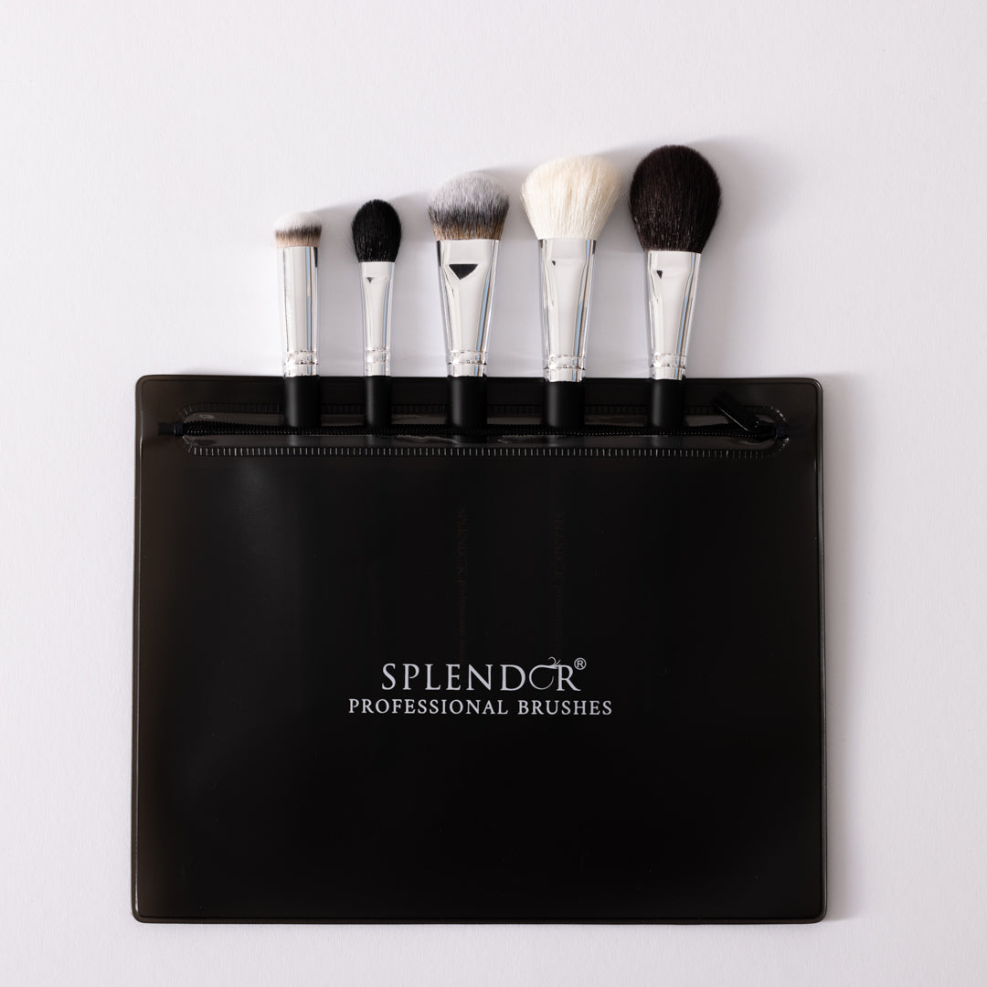Set 5 pensule profesionale Splendor pentru machiajul fetei par fibre moi sintetice / capra + borseta
